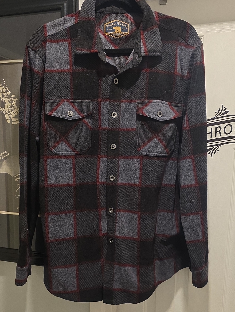 Men’s Plaid Button-Down Shirt in Black, Gray & Red Trim